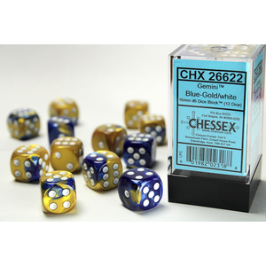 CHESSEX DICE - 16MM D6 (12) GEMINI-BLUE-GOLD/WHITE