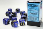 CHESSEX DICE - 16MM D6 (12) GEMINI BLACK-BLUE/GOLD-board games-The Games Shop