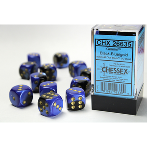 CHESSEX DICE - 16MM D6 (12) GEMINI BLACK-BLUE/GOLD