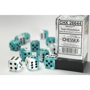 CHESSEX DICE - 16MM D6 (12) GEMINI TEAL-WHITE/BLACK