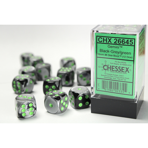 CHESSEX DICE - 16MM D6 (12) GEMINI BLACK-GREY/GREEN