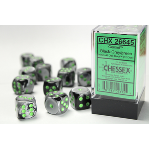 CHESSEX DICE - 16MM D6 (12) GEMINI BLACK-GREY/GREEN