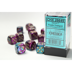 CHESSEX DICE - 16MM D6 (12) GEMINI PURPLE-TEAL/GOLD