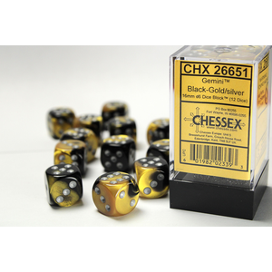CHESSEX DICE - 16MM D6 (12) GEMINI BLACK-GOLD/SILVER