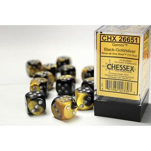 CHESSEX DICE - 16MM D6 (12) GEMINI BLACK-GOLD/SILVER