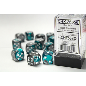 CHESSEX DICE - 16MM D6 (12) GEMINI STEEL-TEAL/WHITE