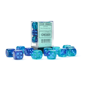 CHESSEX DICE - 16MM D6 (12) GEMINI LUMINARY BLUE-BLUE/LIGHT BLUE