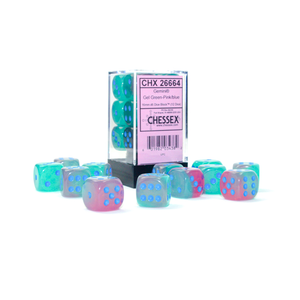 CHESSEX DICE - 16MM D6 (12) GEMINI LUMINARY GREEN-PINK/BLUE