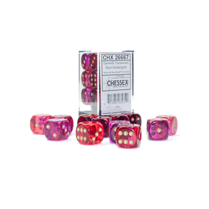 CHESSEX DICE - 16MM D6 (12) GEMINI TRANSLUCENT RED-VIOLET/GOLD