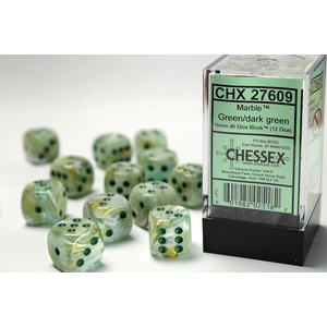 CHESSEX DICE - 16MM D6 (12) MARBLE GREEN/DARK GREEN