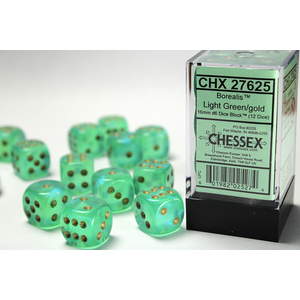 CHESSEX DICE - 16MM D6 (12) BOREALIS LIGHT GREEN/GOLD 