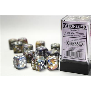 CHESSEX DICE - 16MM D6 (12) FESTIVE CAROUSEL/WHITE