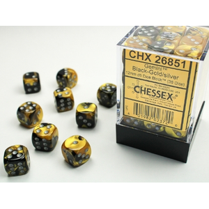 Chessex - 12mm D6 Dice Block (36) - Gemini -  BLACK/GOLD/SILVER