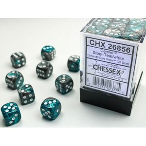 Chessex - 12mm D6 Gemini - Dice Block (36) - Steel/Teal/White