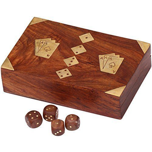 2 Deck Card Box and 5 wooden Dice -Wood with Brass Inlay