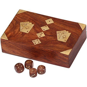 2 Deck Card Box and 5 wooden Dice -Wood with Brass Inlay