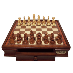 Chess Set - Weighted wooden pieces on Timber inlaid board with drawer