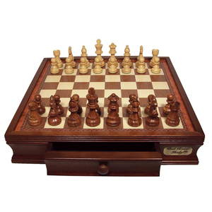 Chess Set - Weighted wooden pieces on Timber inlaid board with drawer