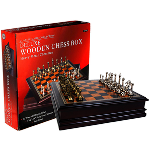Chess Set - Metal pieces on 12" Inlaid wooden board box