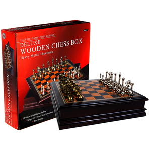 Chess Set - Metal pieces on 12" Inlaid wooden board box