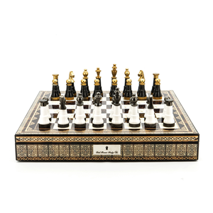 Chess Set - Black & White Pieces with metal highligts on Mosaic finish Board