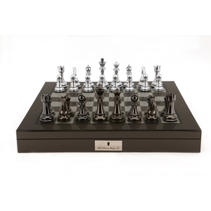 Chess Set Silver Titanium finish pieces on Carbon Fibre shiny board 20"
