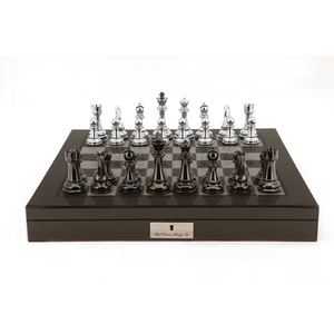 Chess Set Silver Titanium finish pieces on Carbon Fibre shiny board 20"