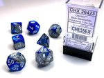CHESSEX DICE - POLYHEDRAL SET (7) - GEMINI BLUE- STEEL / WHITE-accessories-The Games Shop
