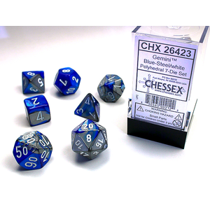 CHESSEX DICE - POLYHEDRAL SET (7) - GEMINI BLUE- STEEL / WHITE