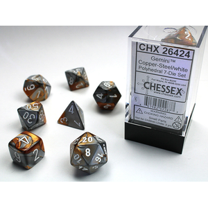 CHESSEX DICE - POLYHEDRAL SET (7) - GEMINI COPPER-STEEL / WHITE