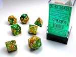 CHESSEX DICE - POLYHEDRAL SET (7) - GEMINI GOLD-GREEN / WHITE-accessories-The Games Shop