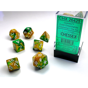 CHESSEX DICE - POLYHEDRAL SET (7) - GEMINI GOLD-GREEN / WHITE