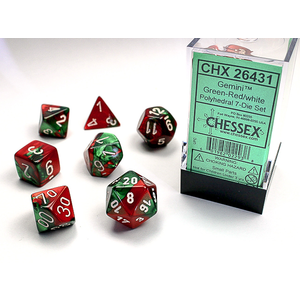 CHESSEX DICE - POLYHEDRAL SET (7) - GEMINI GREEN-RED / WHITE