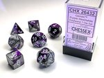 CHESSEX DICE - POLYHEDRAL SET (7) - GEMINI PURPLE-STEEL / WHITE-gaming-The Games Shop