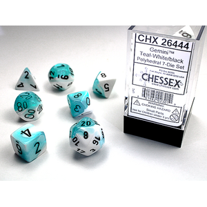 CHESSEX DICE - POLYHEDRAL SET (7) - GEMINI TEAL-WHITE/BLACK