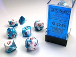CHESSEX DICE - POLYHEDRAL SET (7) - GEMINI ASTRAL BLUE-WHITE/RED-gaming-The Games Shop