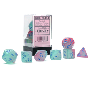 CHESSEX DICE - POLYHEDRAL SET (7) - GEMINI GEL GREEN-PINK/BLUE LUMINARY