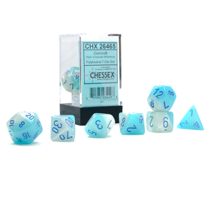 CHESSEX DICE - POLYHEDRAL SET (7) - GEMINI PEARL TURQUOISE-WHITE/BLUE LUMINARY