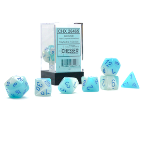 CHESSEX DICE - POLYHEDRAL SET (7) - GEMINI PEARL TURQUOISE-WHITE/BLUE LUMINARY