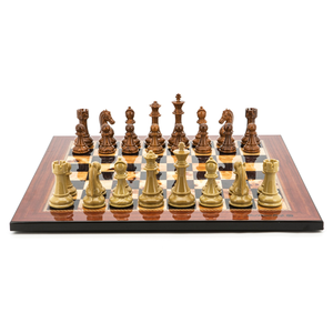 Chess Set - Grain finish Brown & Box Wood Look Pieces on Shinny Walnut Finish Board