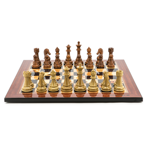 Chess Set - Grain finish Brown & Box Wood Look Pieces on Shinny Walnut Finish Board