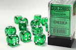 CHESSEX DICE - 16MM D6 (12) TRANSLUCENT GREEN/WHITE-board games-The Games Shop