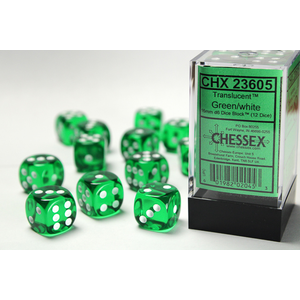 CHESSEX DICE - 16MM D6 (12) TRANSLUCENT GREEN/WHITE