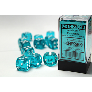 CHESSEX DICE - 16MM D6 (12) TRANSLUCENT TEAL/WHITE