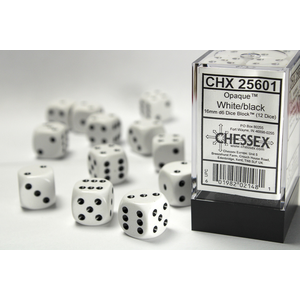 CHESSEX DICE 16MM D6 (12) OPAQUE WHITE/B;ACK